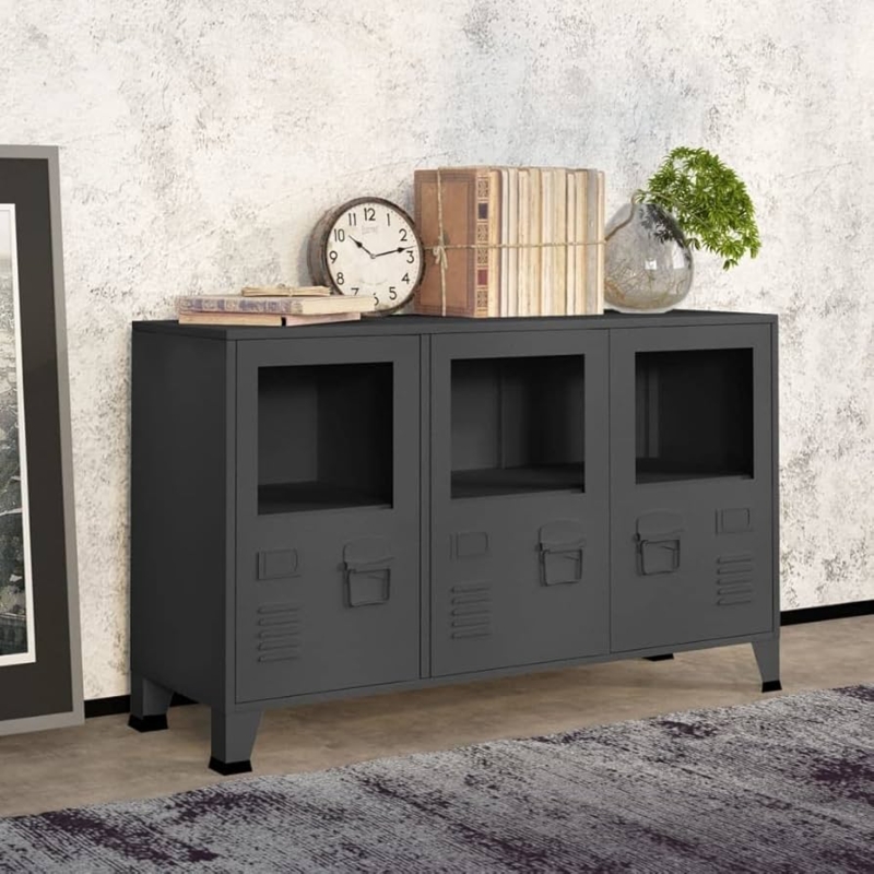 Sideboard with Fluted Glass Doors, Anthracite Finish, Tapered Legs