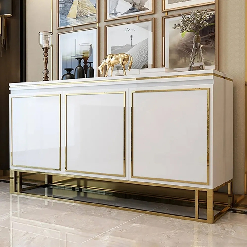 Sideboard with Fluted Texture and Metal Base, White Finish