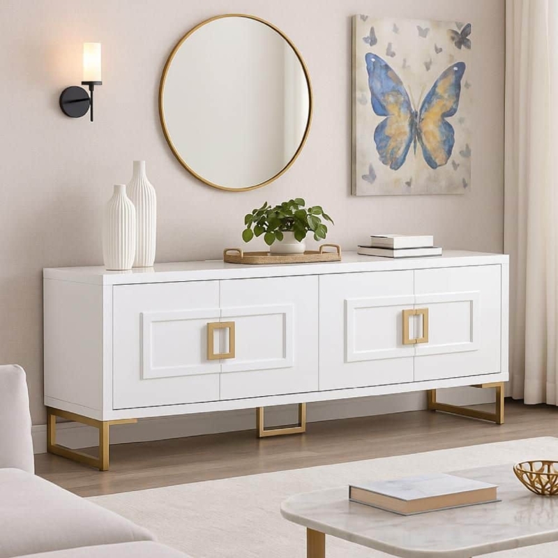 Sideboard with Geometric Textured Doors and Champagne Accents