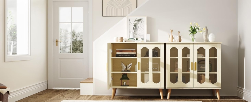 Sideboard with Glass Front Cabinets, Light Wood Buffet for Dining Room