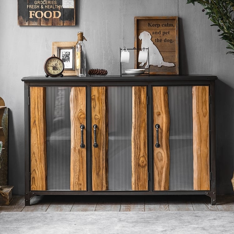 Sideboard with Glass Pane Doors, Mixed Material Frame, Modern Chic Style