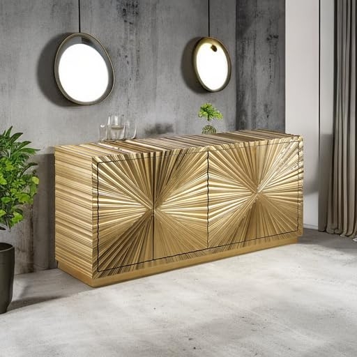 Sideboard with Hand-Carved Starburst Design, White Finish