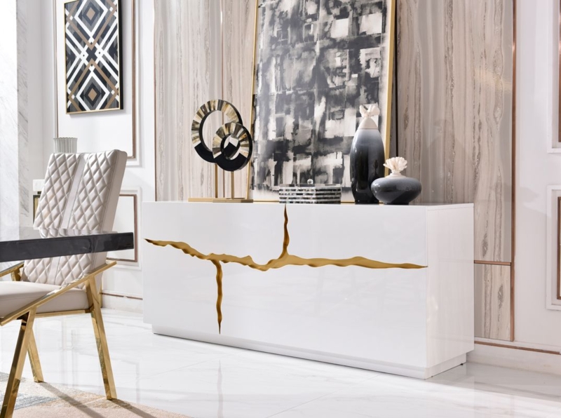 Sideboard with High-Gloss White Finish and Geometric Metal Base