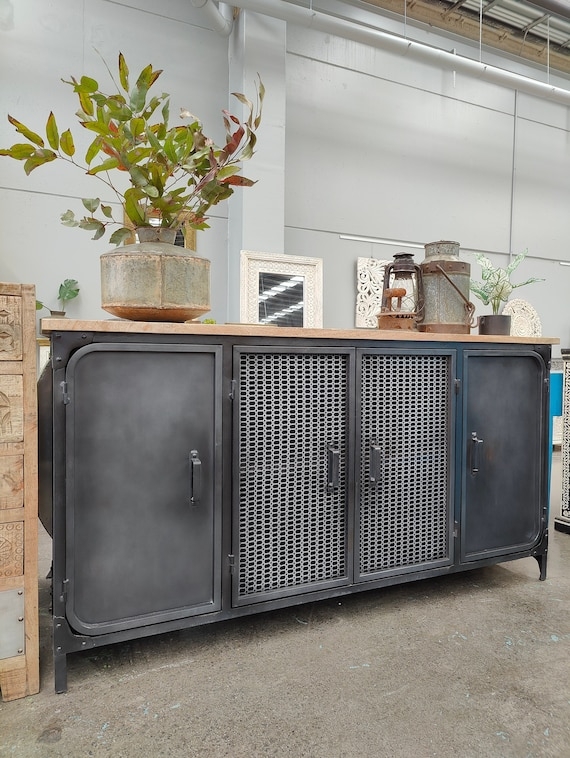 Sideboard with Mesh Doors, Industrial Rivets, and Wood Top
