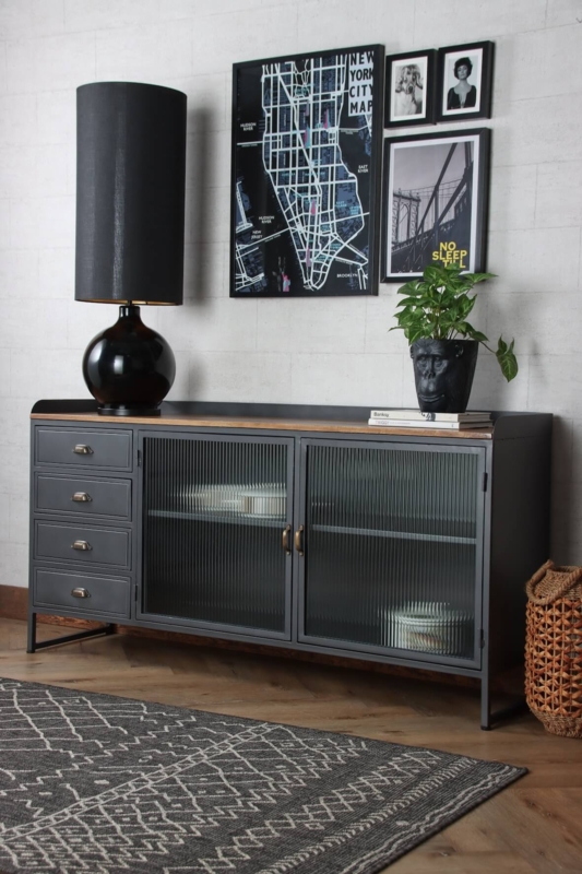 Sideboard with Mesh Fronts, Sliding Doors, Label Holders, Vintage Style