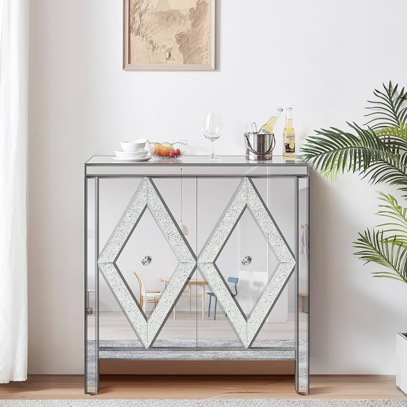 Sideboard with Mirrored Fretwork Doors and Crystal Handles, Glam Storage