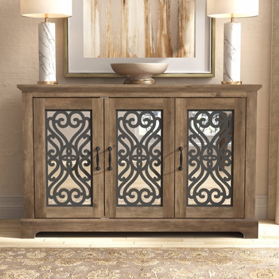 Sideboard with Mirrored Geometric Fretwork and Champagne Metallic Frame