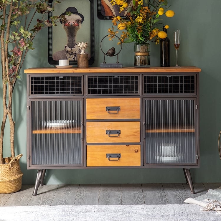 Sideboard with Mismatched Drawers, Industrial Metal Frame, Glass Doors