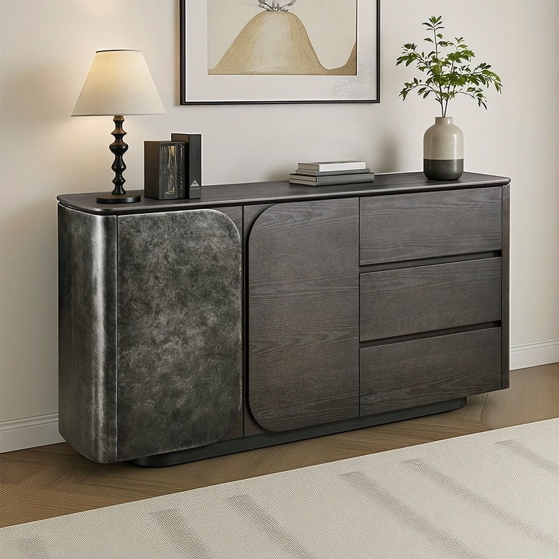 Sideboard with Open Center Compartments Dark Ribbed Wood Gold Legs