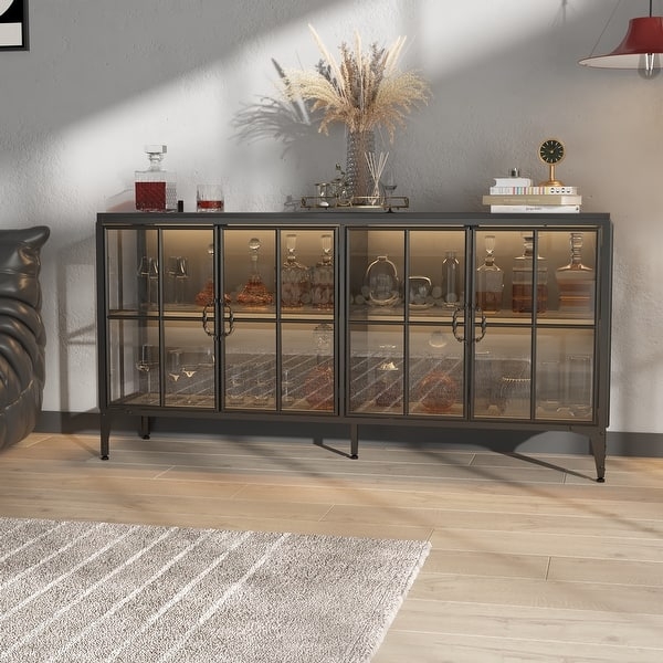 Sideboard with Reeded Glass Doors and Matte Black Metal Frame