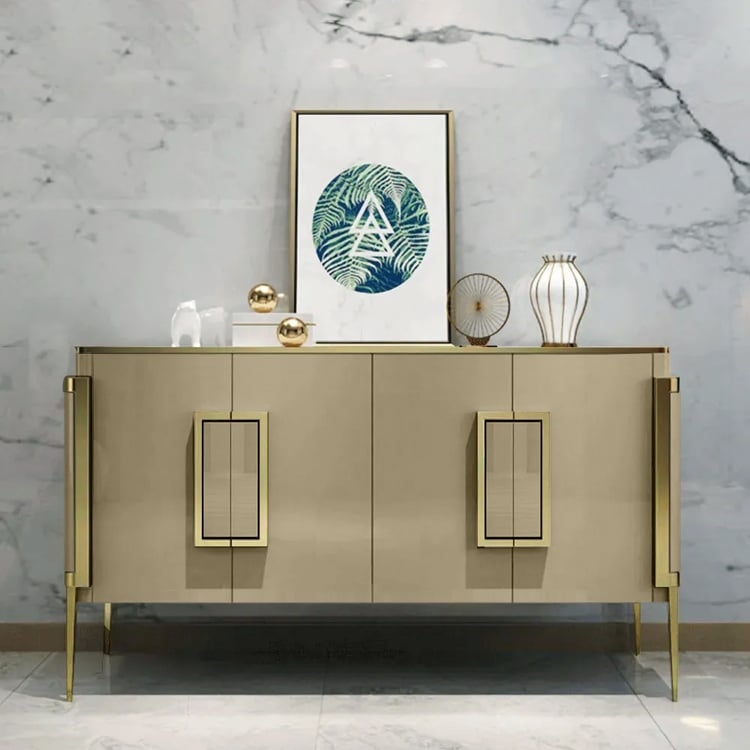 Sideboard with Ribbed Front, Champagne Finish, Glass Top