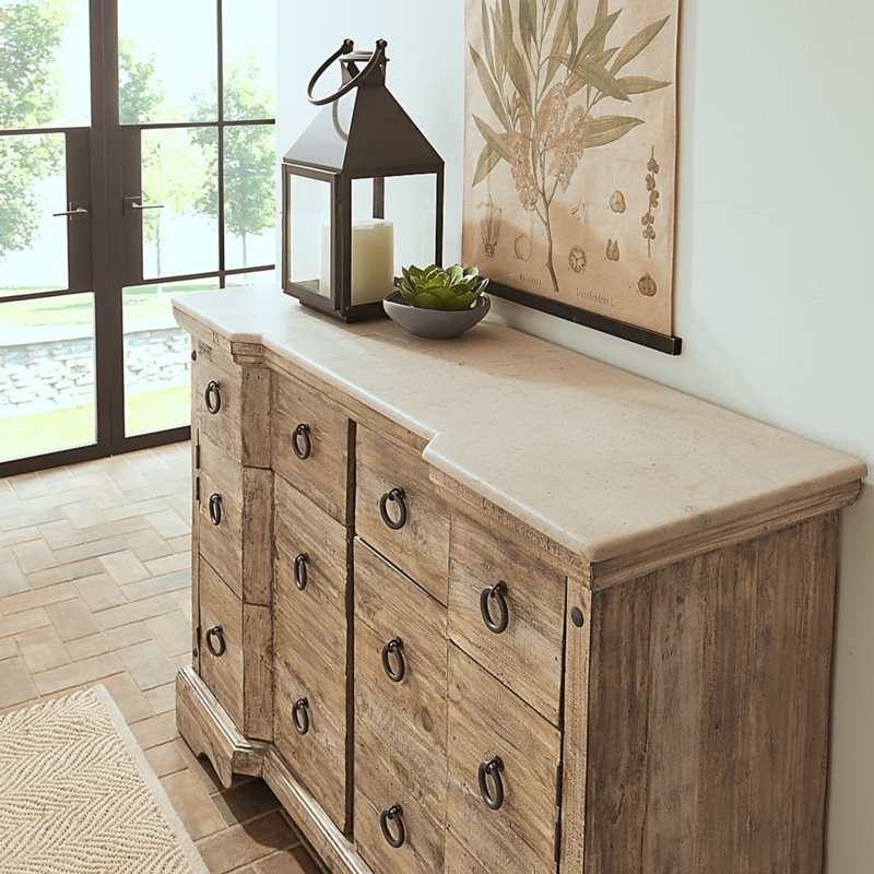 Sideboard with Slatted Doors, Slatted Wood Buffet with Stone Top