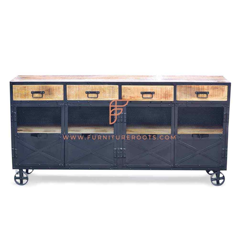 Sideboard with Steampunk Wheels, Rough Sawn Finish, Industrial Style