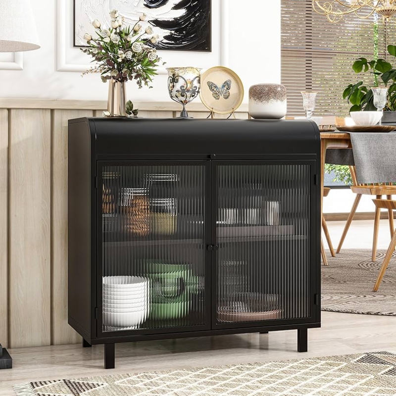 Sideboard with Unique Flip Top and Ribbed Glass Doors in Black Metal
