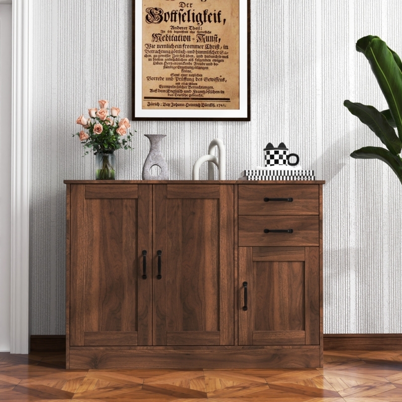 Sideboard with Woven Inserts and Drawers, Boho Chic Wood Sideboard