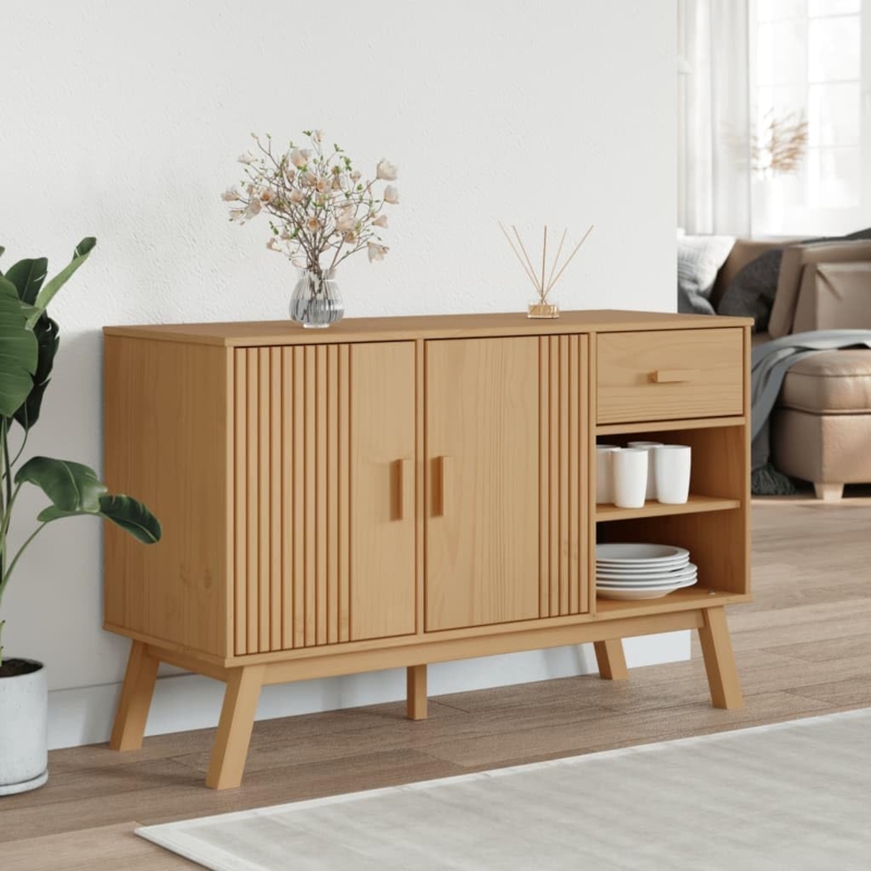 Sideboard Wood-Toned Credenza with Open Shelf and Sliding Drawers