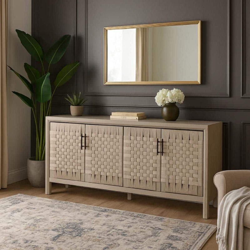 Sideboard Woven Panels Black Metal Frame Wood Toned Boho Industrial