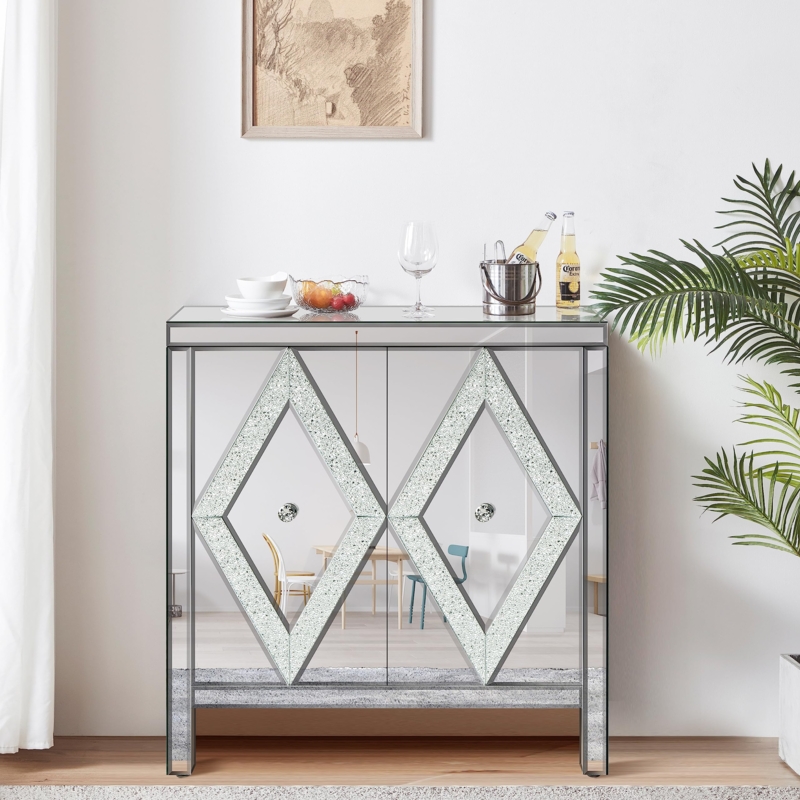 Silver Geometric Accent Cabinet with Mirrored Diamond Doors