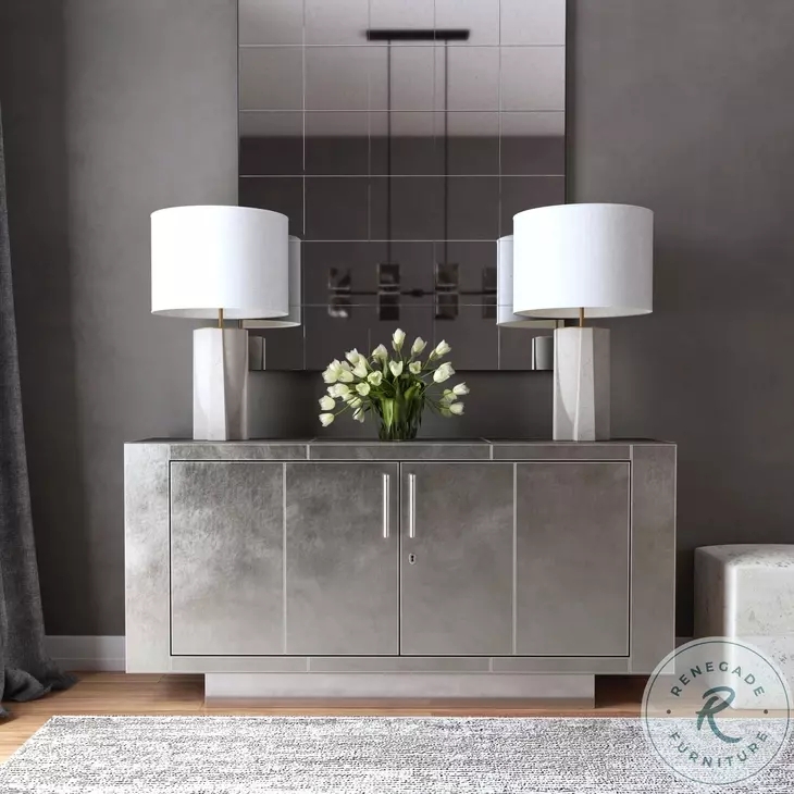 Silver Leather Sideboard with Architectural Metal Base