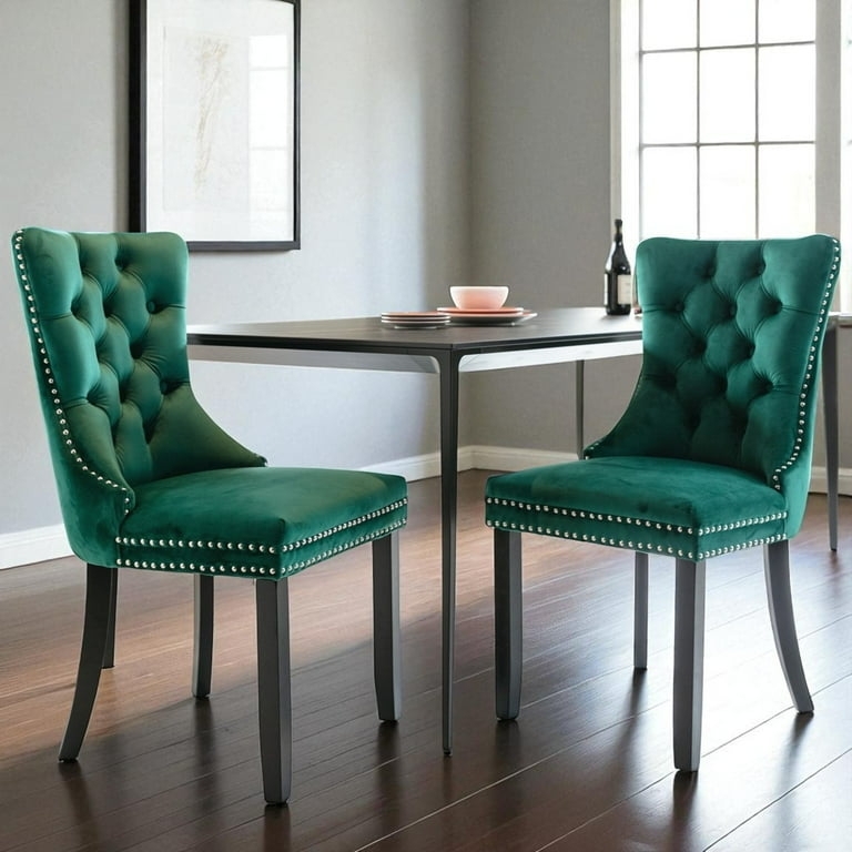 Silvery Gray Velvet Dining Chairs with Diamond Tufting and Ring Pull