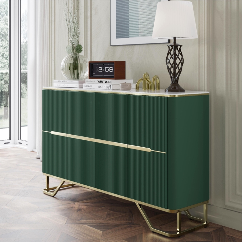 Sintered Stone Top Cabinet Fluted Luxury Buffet Gold Legs