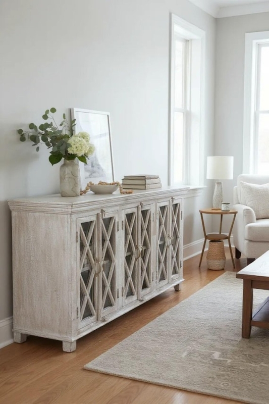 Six Door Credenza Storage with Champagne Mirrored X-Pattern