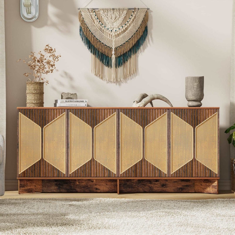 Six Door Rattan Credenza with Gold Hardware in Natural Wood