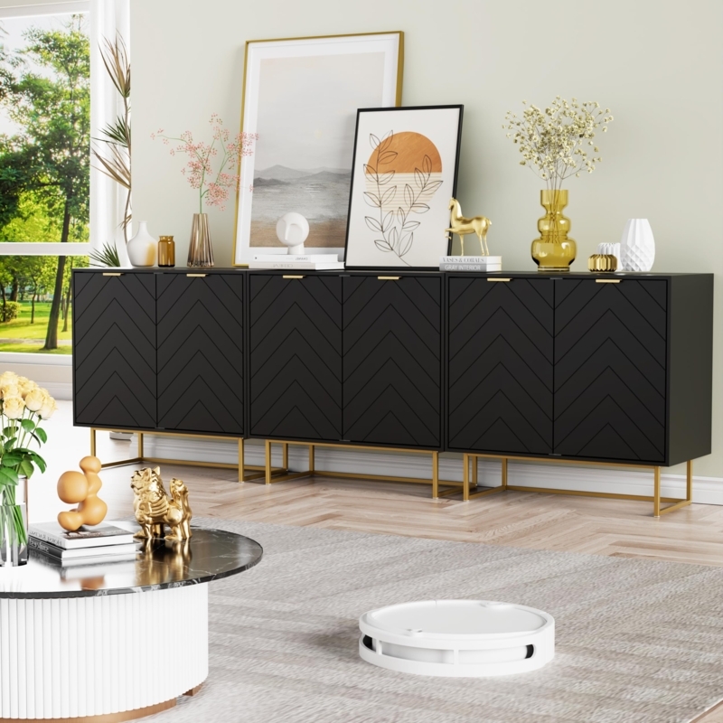 Six-Door Sideboard Ribbed Texture Gold Metal Stilted Legs