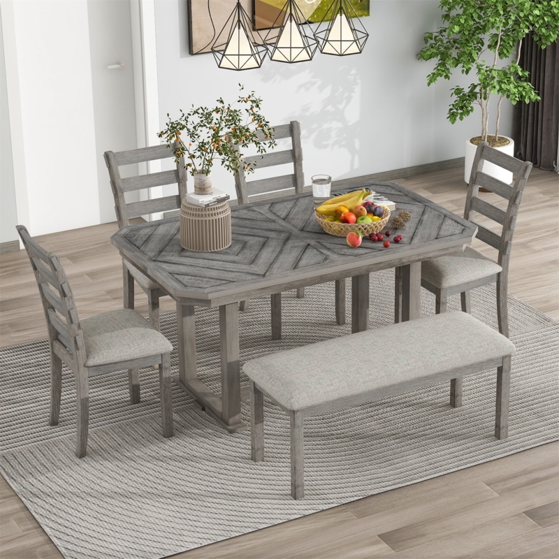 Six Piece Dining Set with Upholstered Bench in Light Gray Wash