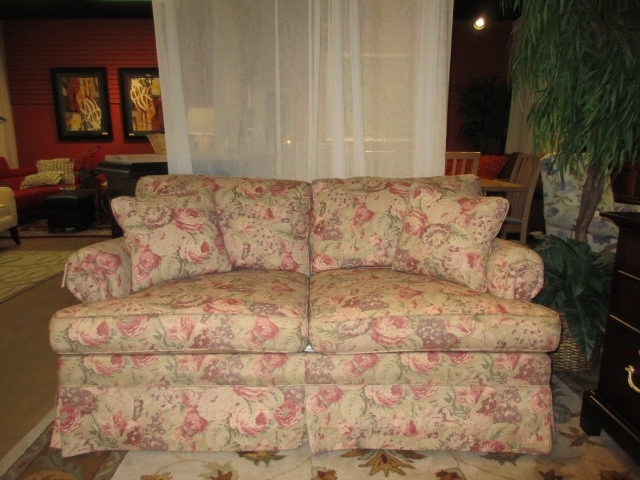 Skirted Loveseat with Rolled Arms in Cream and Pink Floral Cottage Style