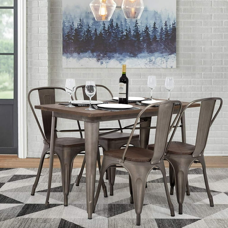 Slatted Wood Top 5-Piece Dining Set with Metallic Finish Chairs