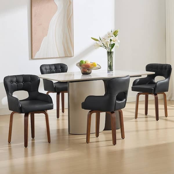 Sleek Black Swivel Dining Chairs, Vertical Channel Tufting Detail