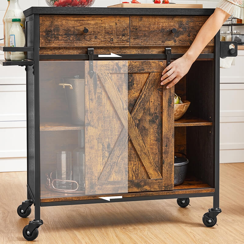 Sliding Barn Door Storage Cart with Wire Mesh Panel and Side Hooks