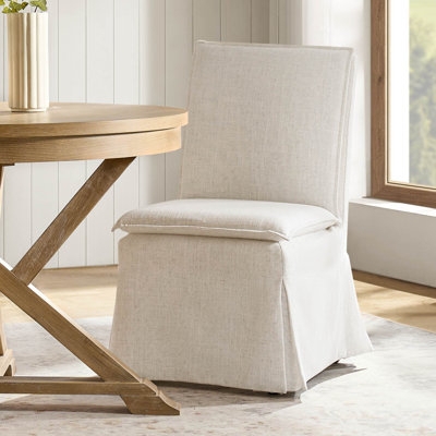 Slipcovered Dining Chair Cream Skirted Base with Hidden Casters
