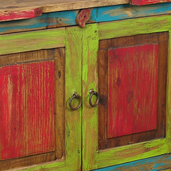 Small Buffet Wire Mesh Doors Carved Apron Rustic Distressed Wood