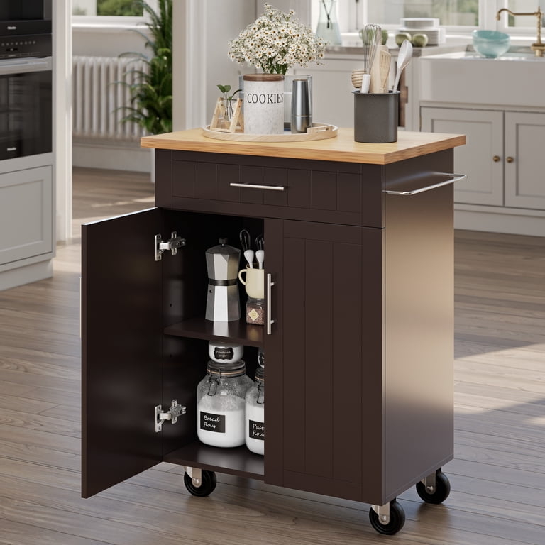 Small Kitchen Island Wood and White Stone Top Locking Casters