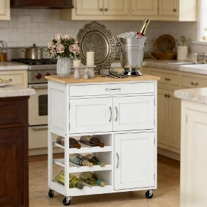 Small Kitchen Storage Island with Pull-Out Wire Basket and Wine Rack
