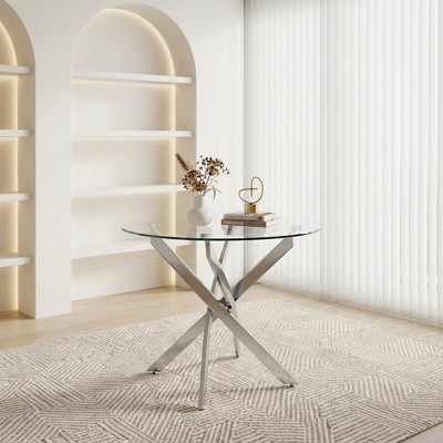 Small Round Dining Table with Clear Top and Criss-Cross Silver Legs