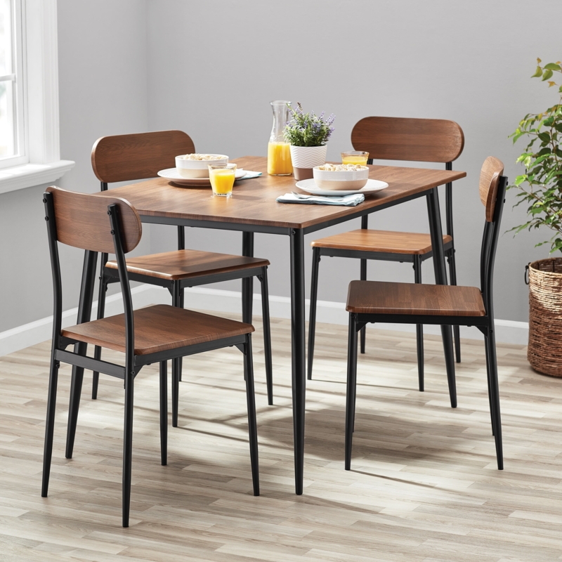 Small Space Industrial Dining Set Walnut Wood Black Metal Open Back