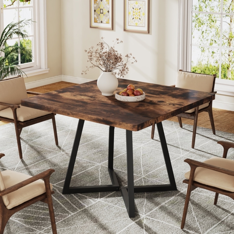 Small Space Square Dining Table Dark Wood Black Geometric Metal Base