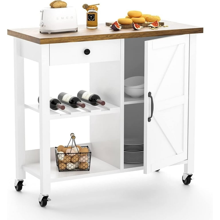 Small White Rolling Kitchen Island Cart with X-Brace Side Panels