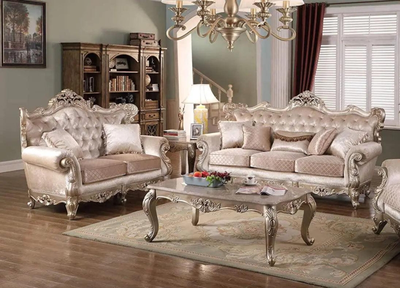 Sofa And Loveseat Set Ornate Wood Carvings, Antiqued Cream Finish.