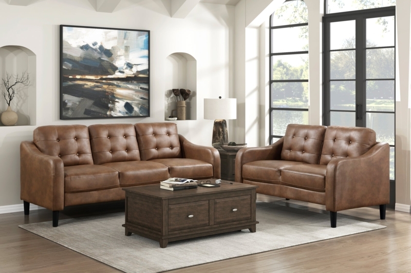 Sofa And Loveseat Set Scrolled Arms, Button Tufted, Dark Brown.