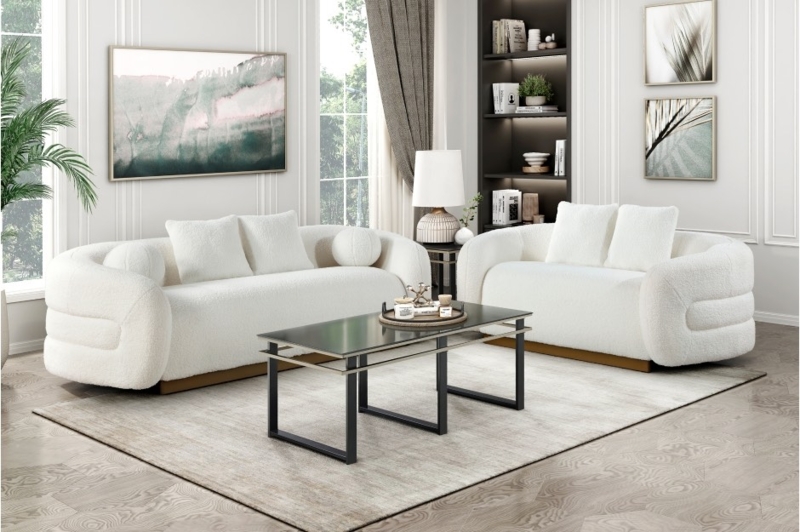 Sofa And Loveseat Set White Sherpa Texture Blocky Silhouette Modern