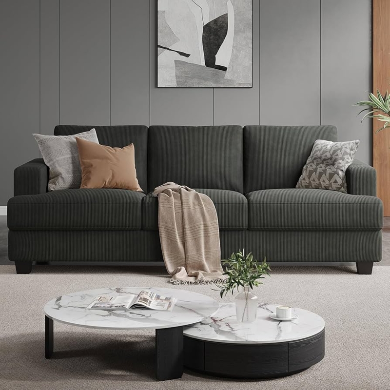 Sofa Charcoal Grey Corduroy Oversized Cushions Wide Armrests Deep Seat