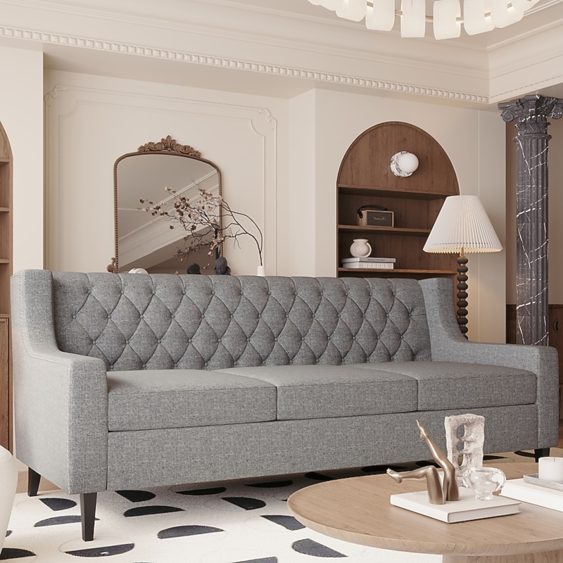 Sofa, Grey Mid-Century Modern Button Tufted Tapered Legs