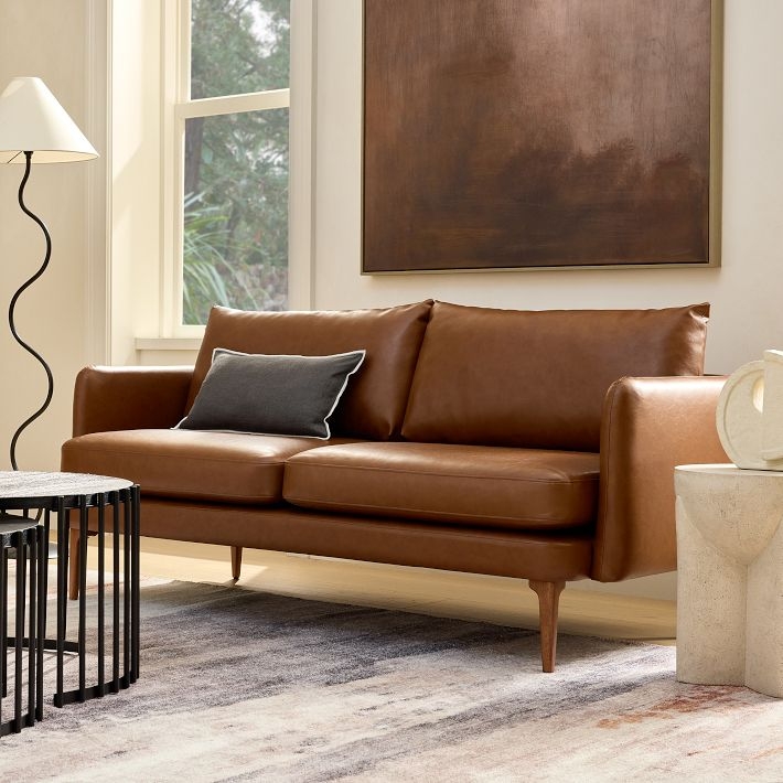 Sofa in Charcoal Gray with Blonde Wood Base, Minimalist Small Space Design