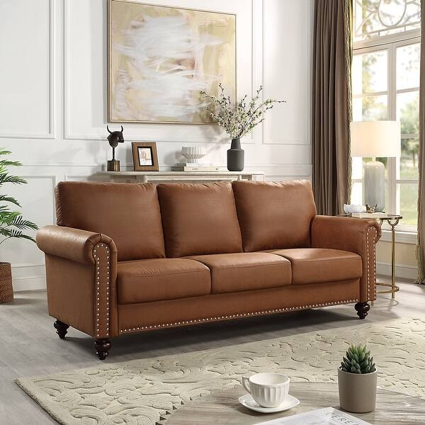 Sofa Leather Like Gourd Shaped Legs Nailhead Trim Traditional