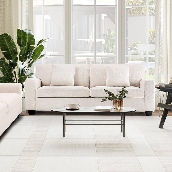 Sofa Off-White Textured Fabric with Wide Block Armrests Minimalist Style