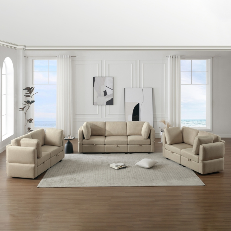 Sofa Set Beige Upholstered Oversized Cushions Track Arms